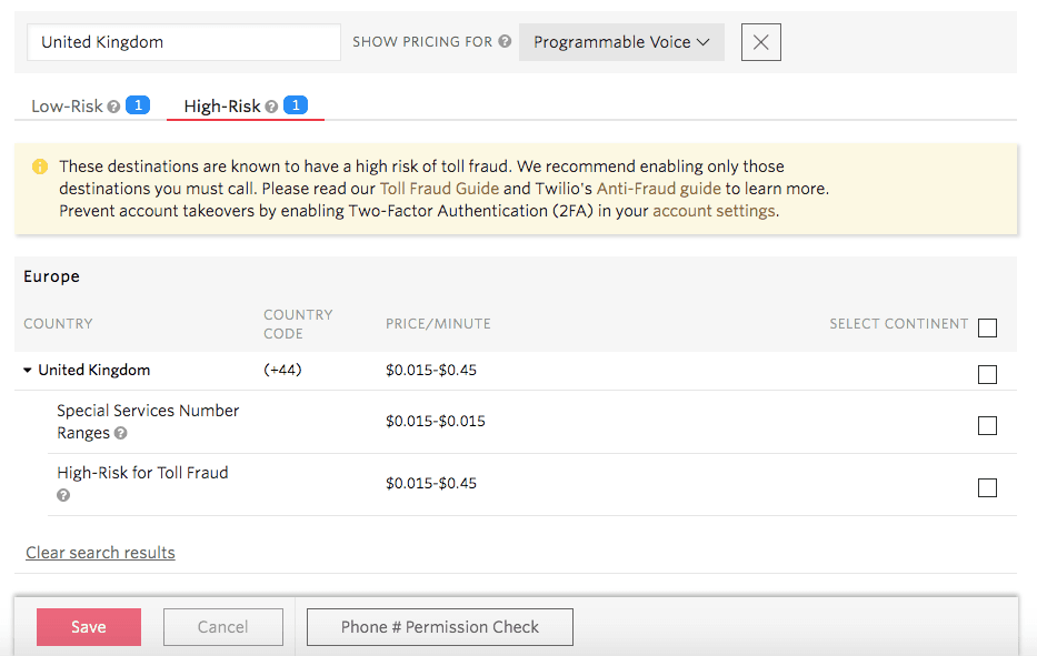 High-risk toll fraud settings for United Kingdom with pricing details and warning message.