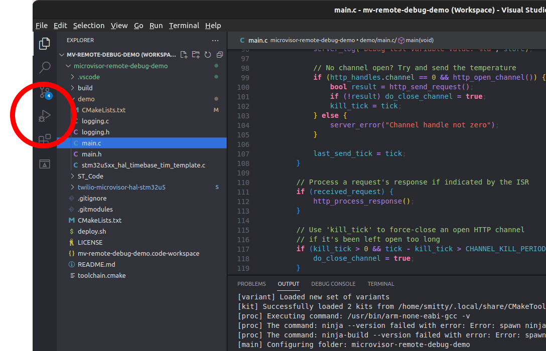 Microvisor Remote Debugging with VSCode: select Run and Debug.