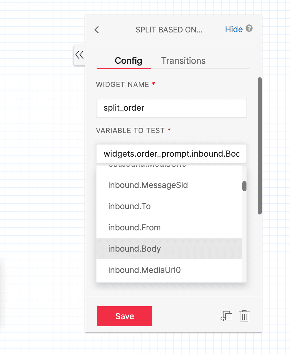 Twilio Studio Tutorial Baristabot Split Order Variable to Test field shown.