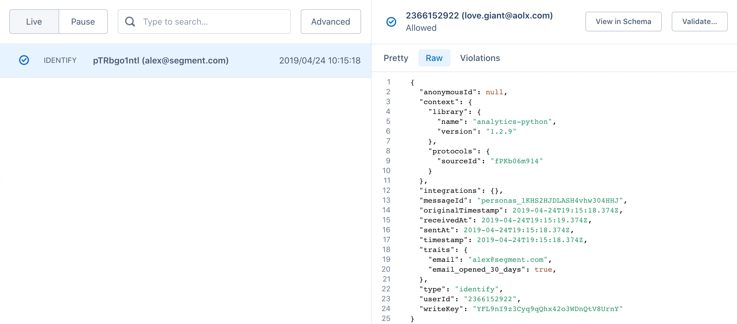 Profiles Debugger showing user alex@segment.com with analytics-python library details.