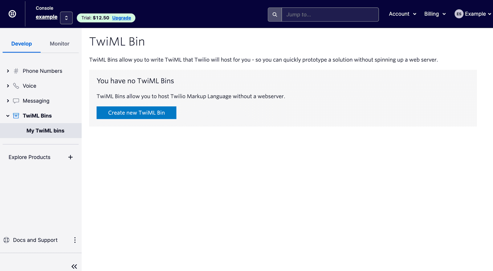TwiML Bin page in Twilio Console with option to create a new TwiML Bin.
