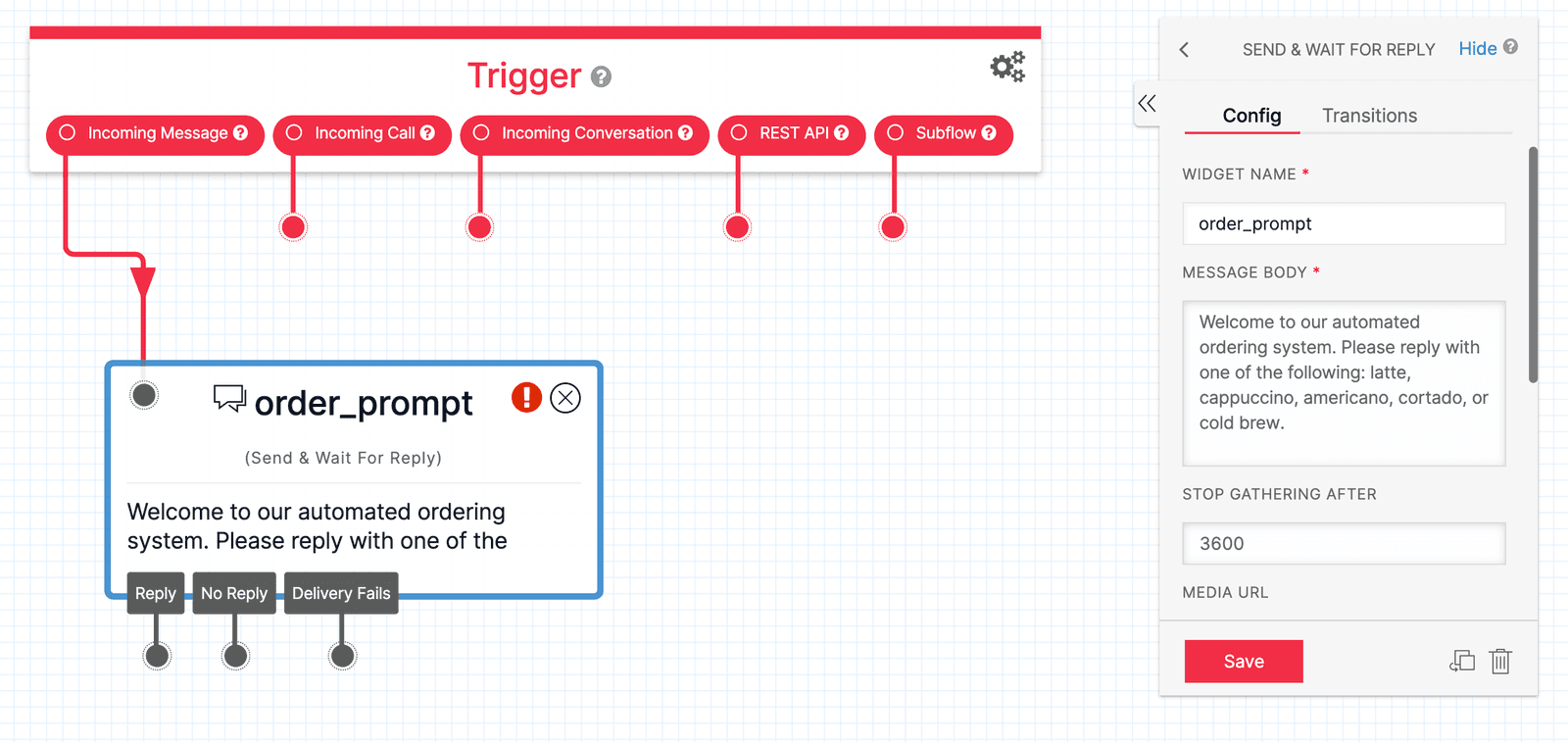 Twilio Studio Tutorial Baristabot order_prompt Widget shown with configuration.