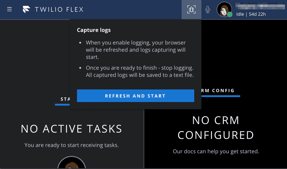 Twilio Flex UI showing active logging with options to finish and download logs.