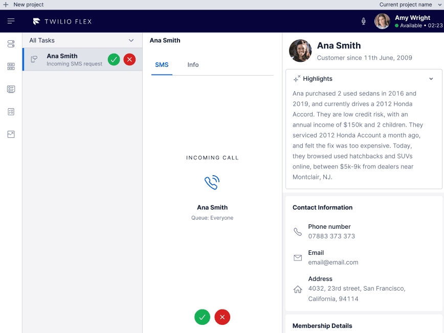 Twilio Flex UI showing Ana Smith's customer profile with highlights and contact information.
