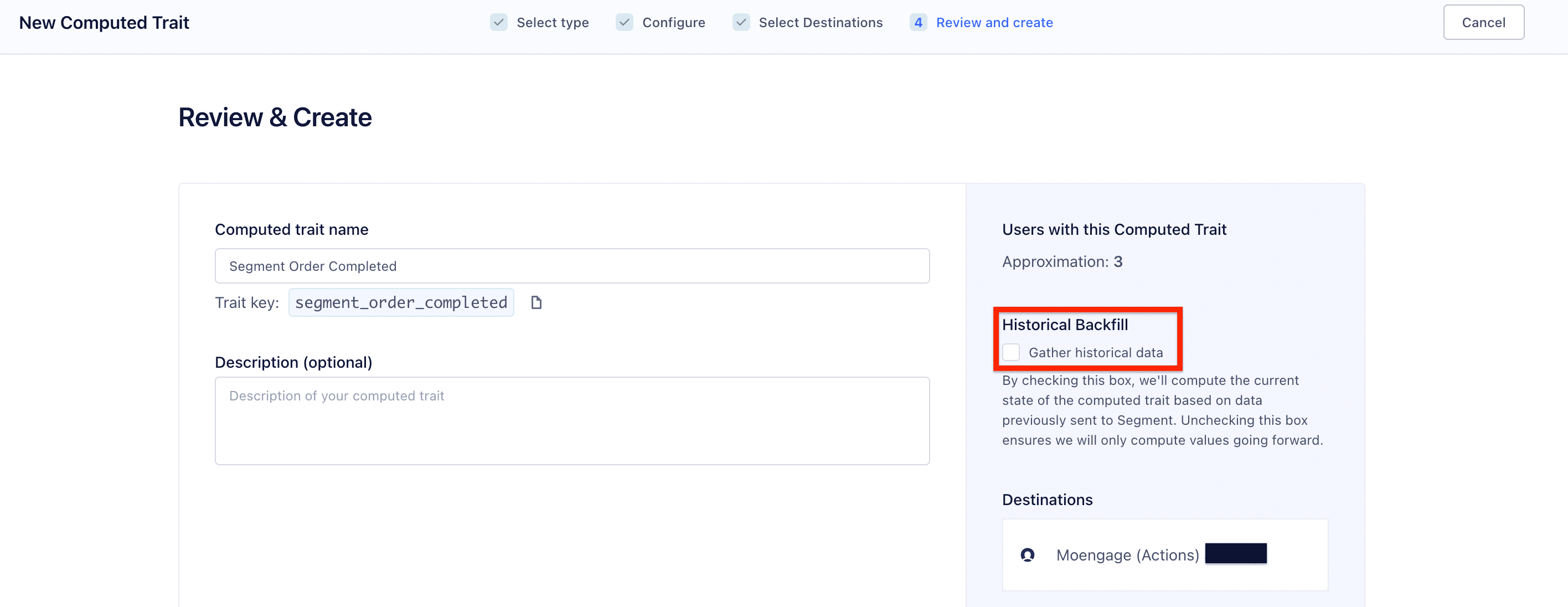 Review and Create step showing audience name 'Email Opened 30 Days' and key 'email_opened_30_days'.