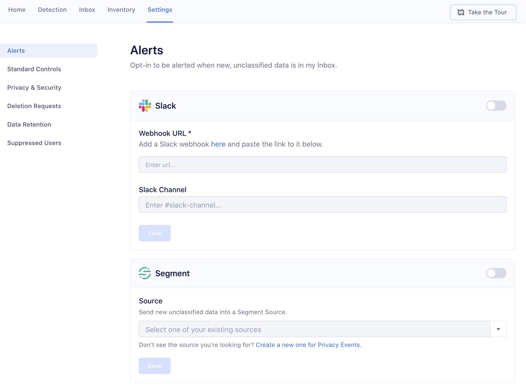 Privacy Portal settings with Slack webhook and Segment source options.