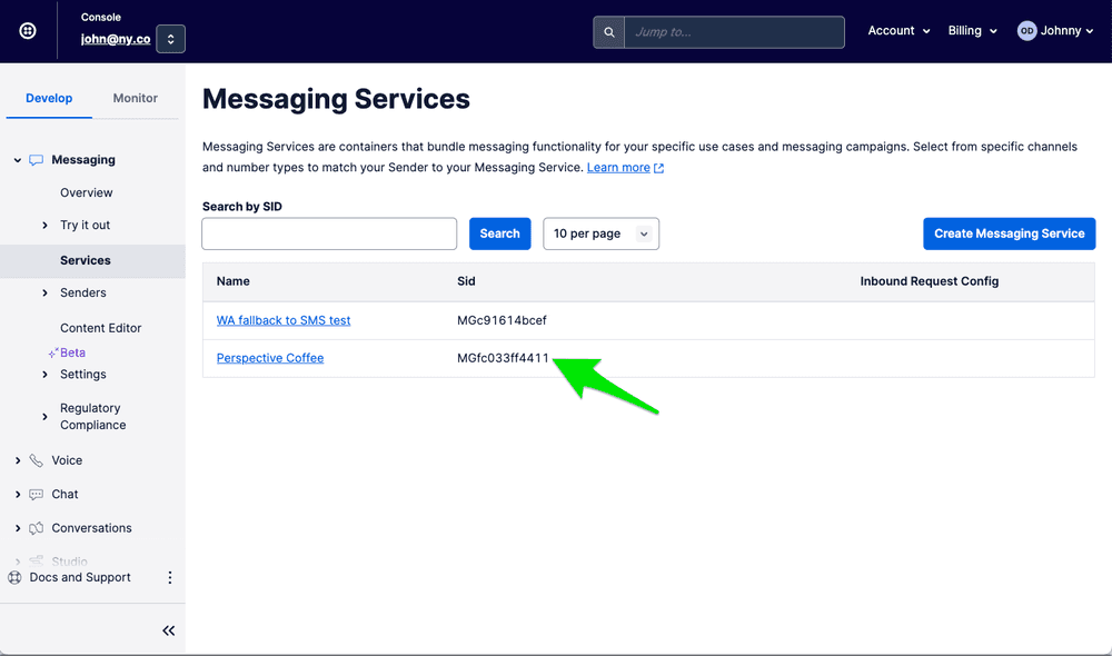 Twilio Console showing Messaging Services with SID MGfc033ff4411 highlighted.