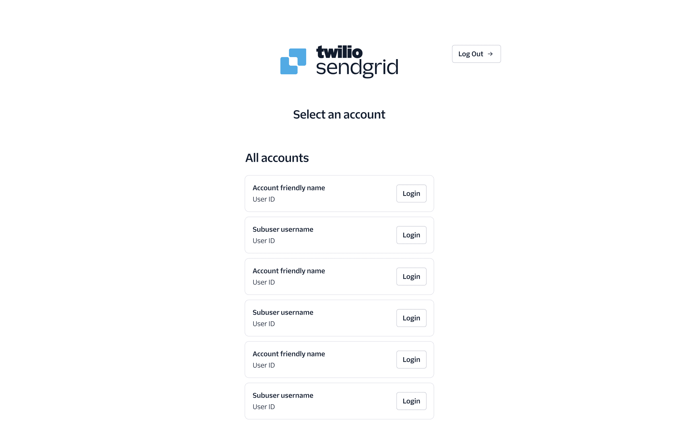 Twilio SendGrid account selection page with login options for multiple accounts and a logout button.