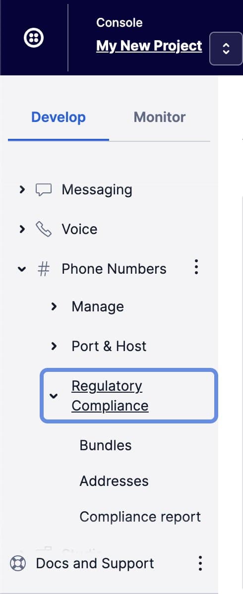 Navigation menu with Phone Numbers section expanded to Regulatory Compliance.