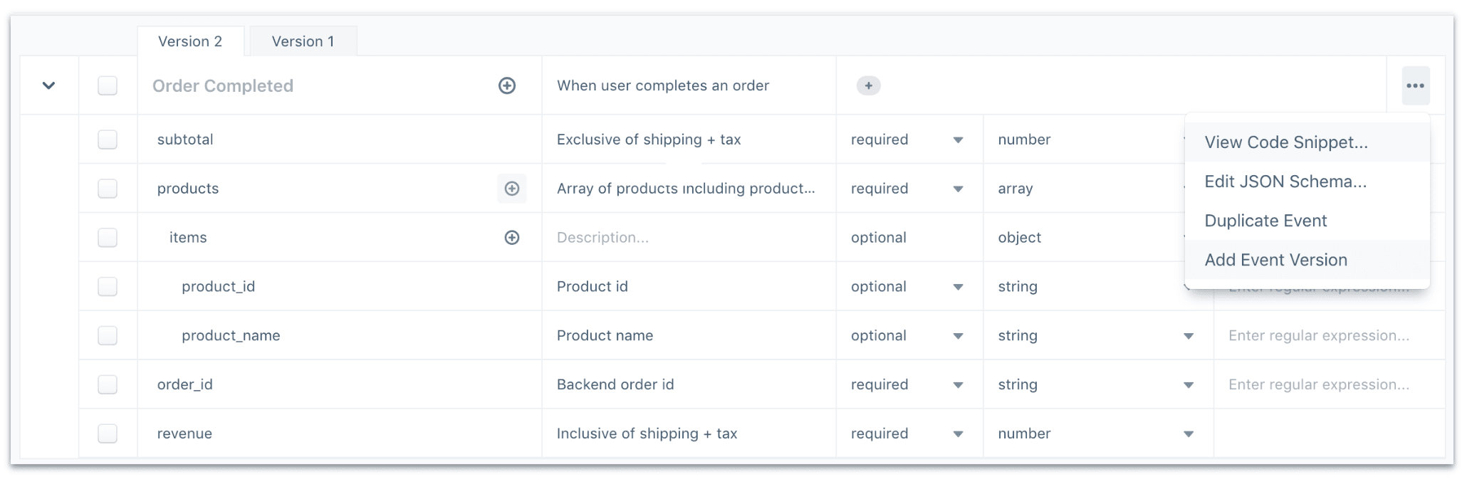 Overflow menu with options including Add Event Version for event versioning.