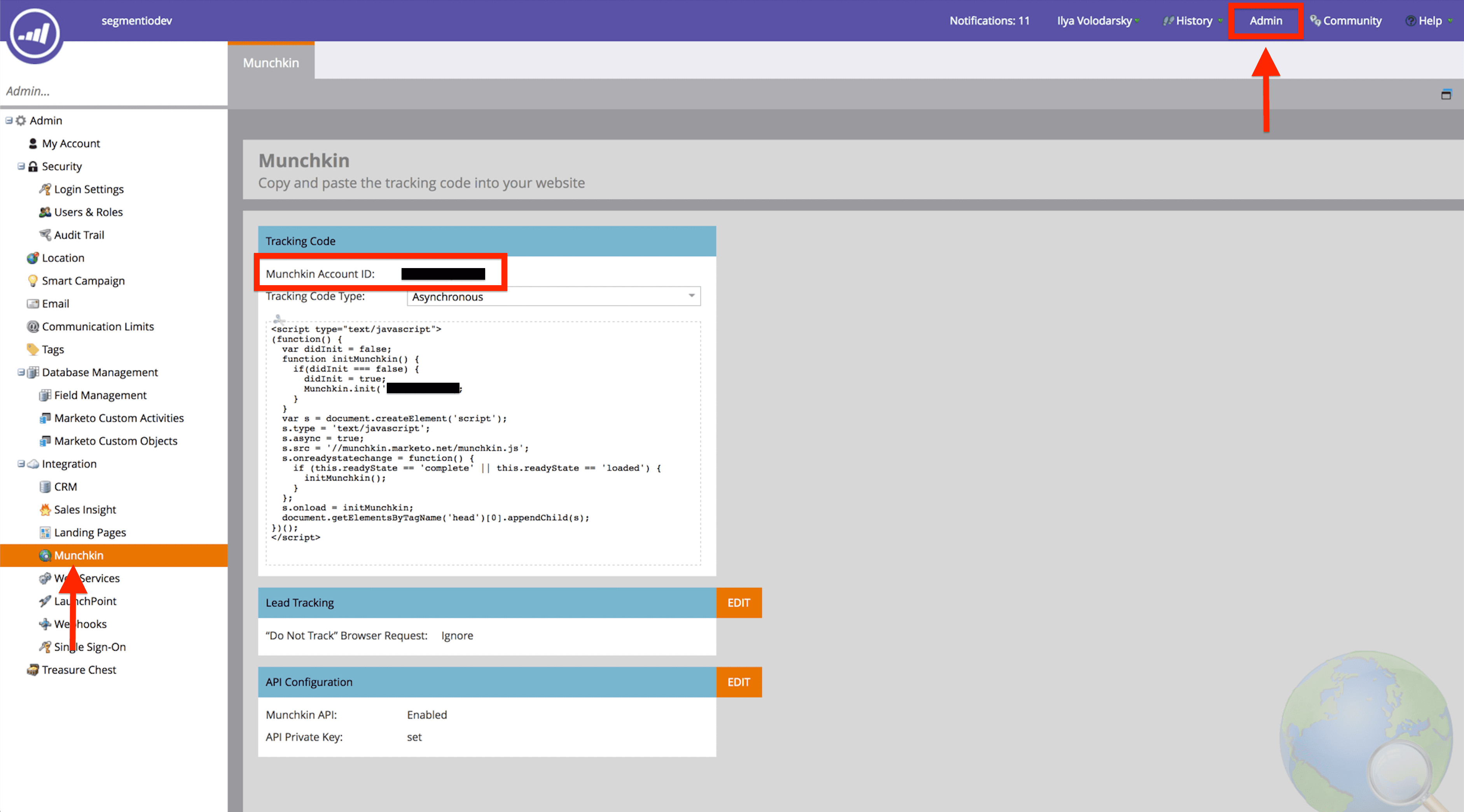 Marketo Munchkin tracking code setup with account ID and asynchronous type.