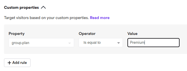 Custom property rule for 'group.plan' with value 'Premium'.