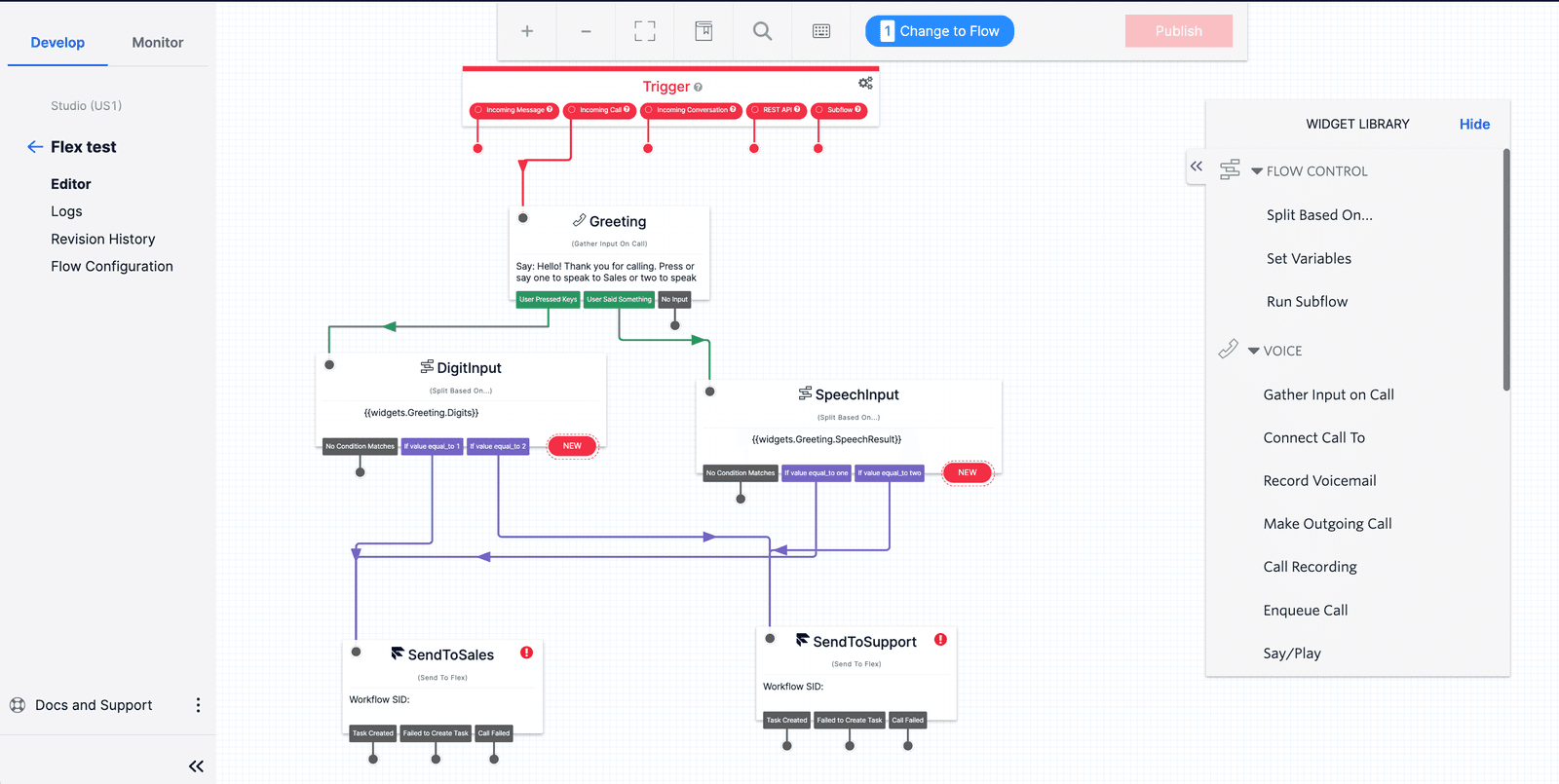 View of the Studio IVR Flow that you create after pasting in the JSON configuration.