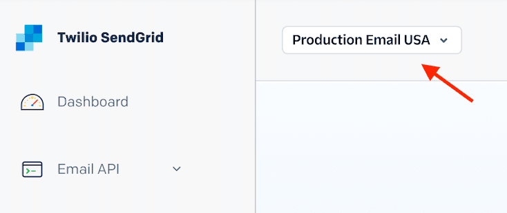Twilio SendGrid logo with Production Email USA dropdown and Dashboard icon.