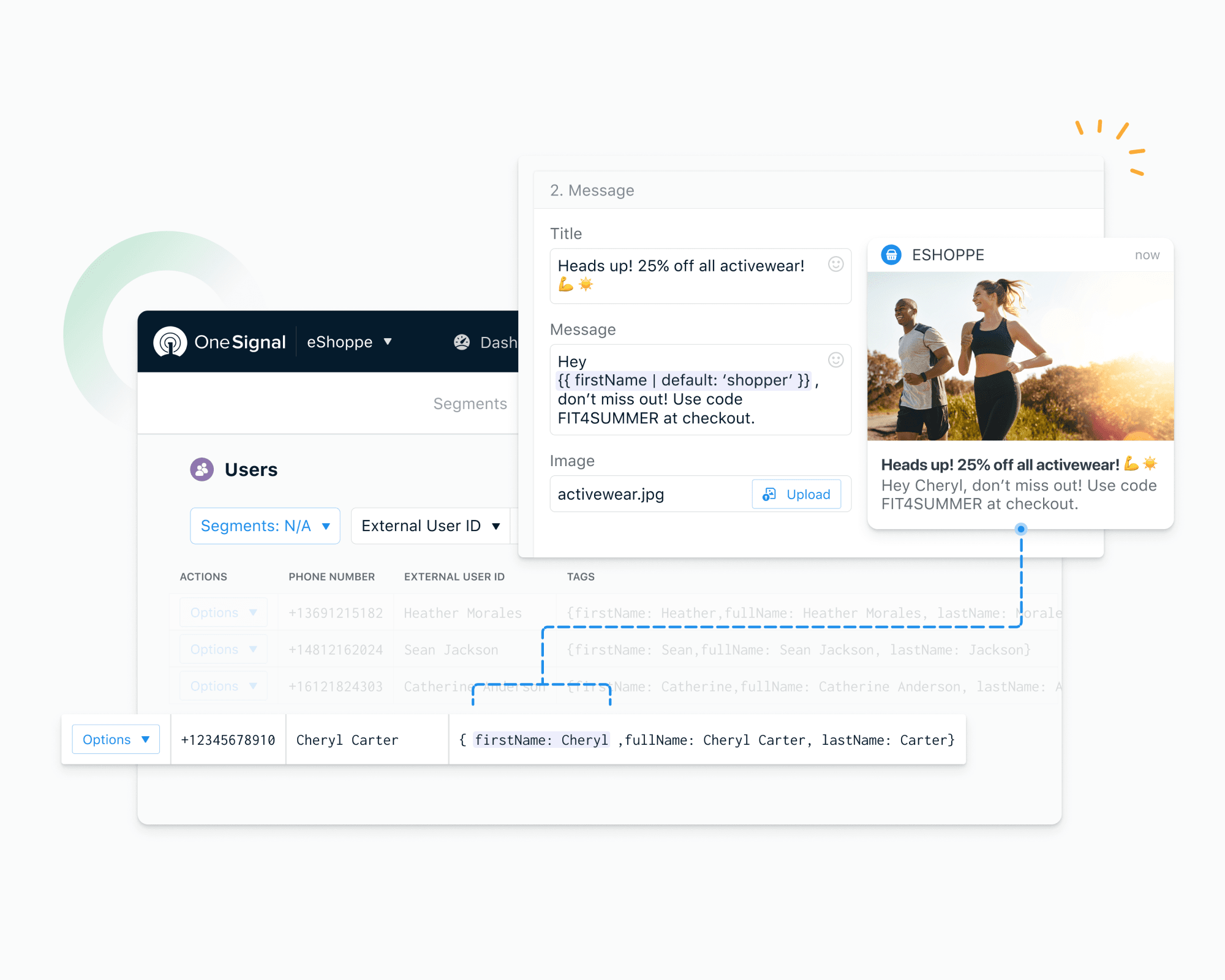 OneSignal dashboard showing eShoppe campaign notification with personalized message for Cheryl Carter.