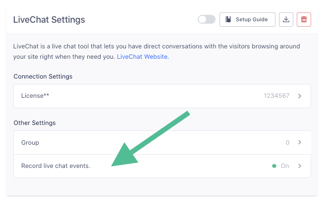 Arrow pointing to 'Record live chat events' toggle set to On in LiveChat settings.