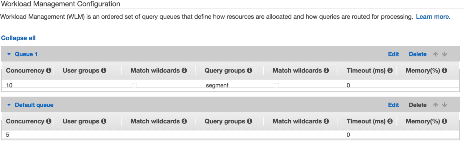 AWS Workload Management Configuration with Queue 1 and Default queue settings.