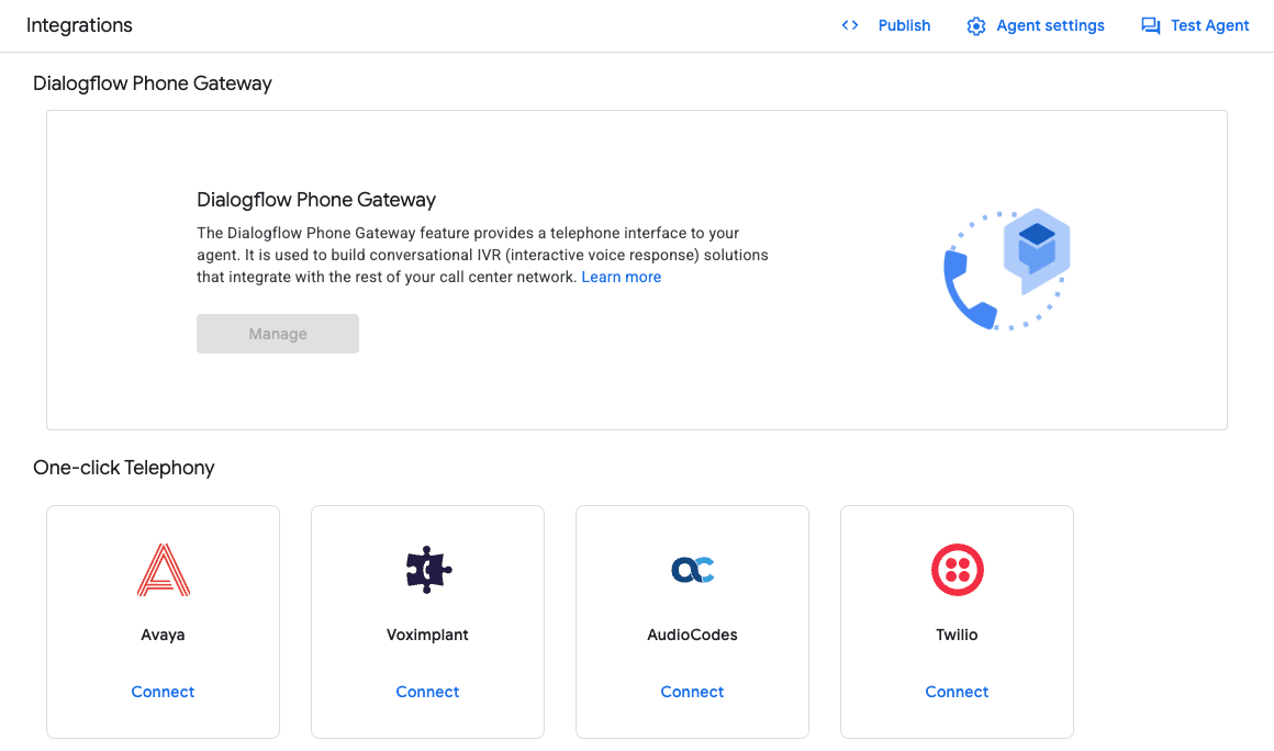 Dialogflow Phone Gateway with one-click telephony options including Twilio, Avaya, Voximplant, and AudioCodes.
