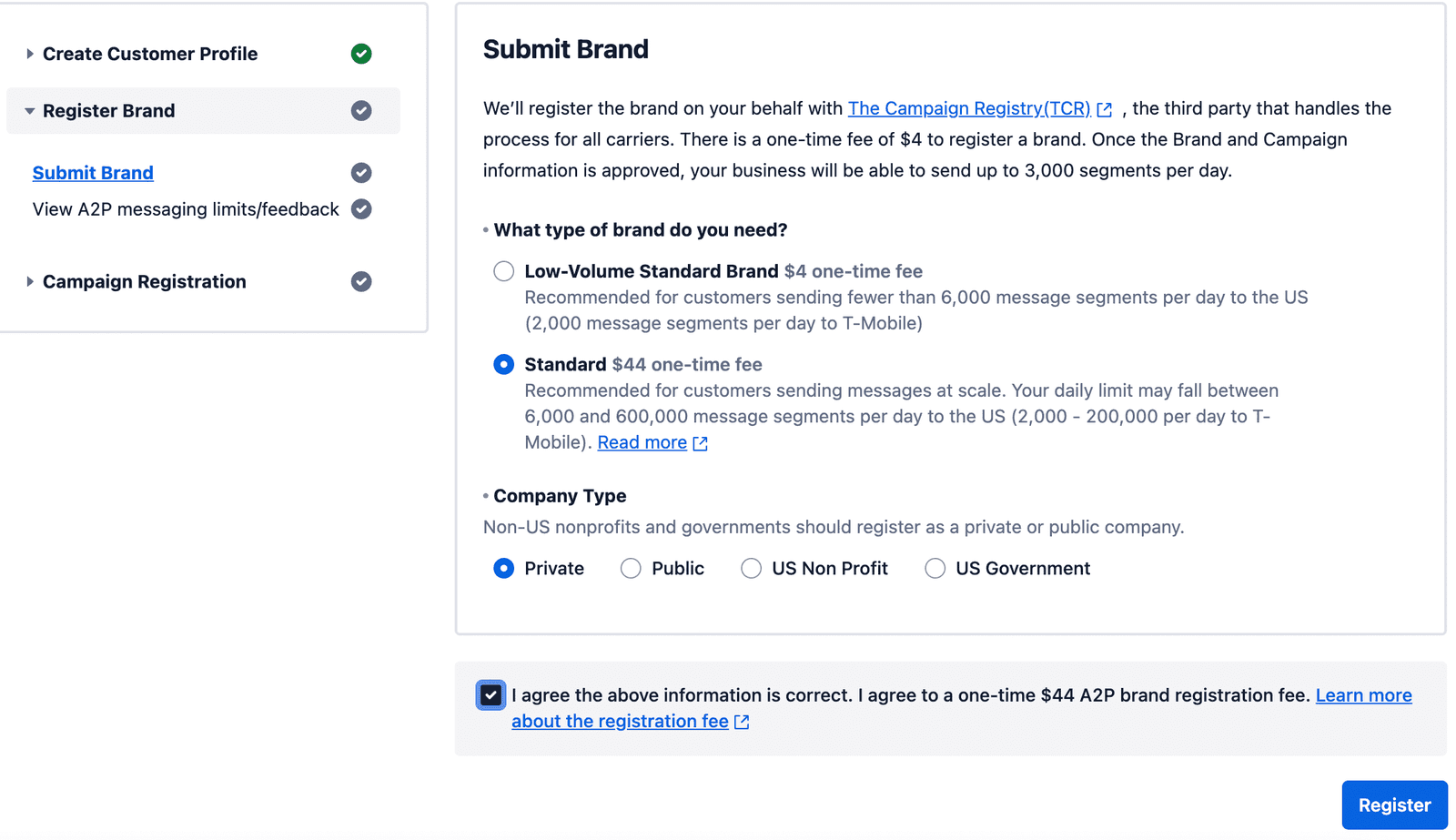 Form to submit a brand with options for brand type and company type, and a registration fee agreement.