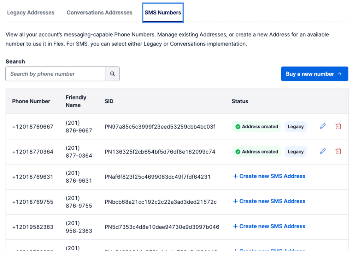 SMS Numbers tab showing a list of phone numbers with options to create new SMS addresses.