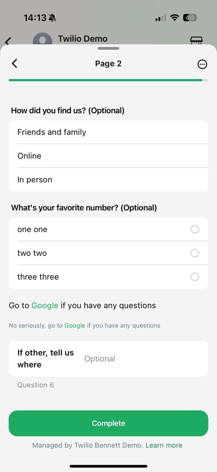 Survey form with questions on finding method and favorite number, includes options and a complete button.