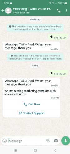 WhatsApp chat showing a marketing template with voice call and contact support buttons.