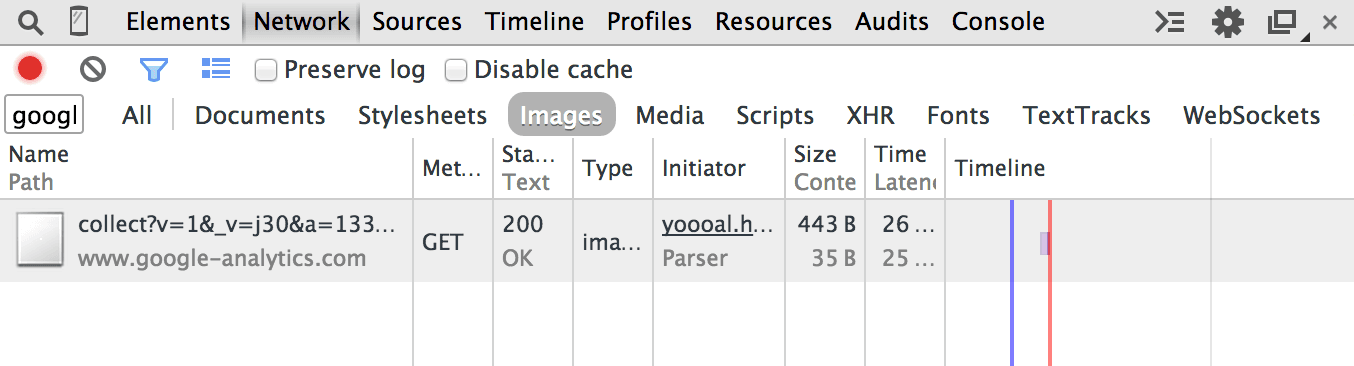 Network tab showing Google Analytics GET request with status 200 OK.