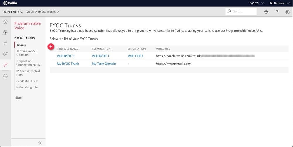 BYOC Trunks interface showing a list of trunks with friendly names, terminations, and voice URLs.