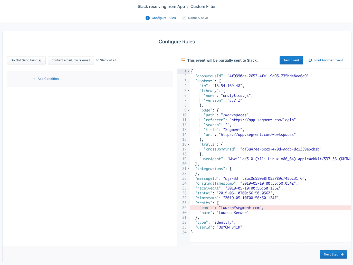 Slack configuration to exclude email fields from being sent, showing JSON data structure.