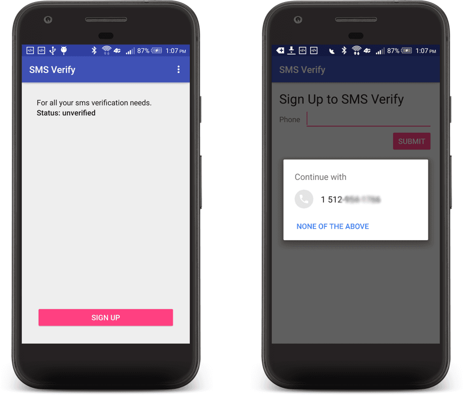 Two screens of SMS Verify app showing unverified status and phone number sign-up.