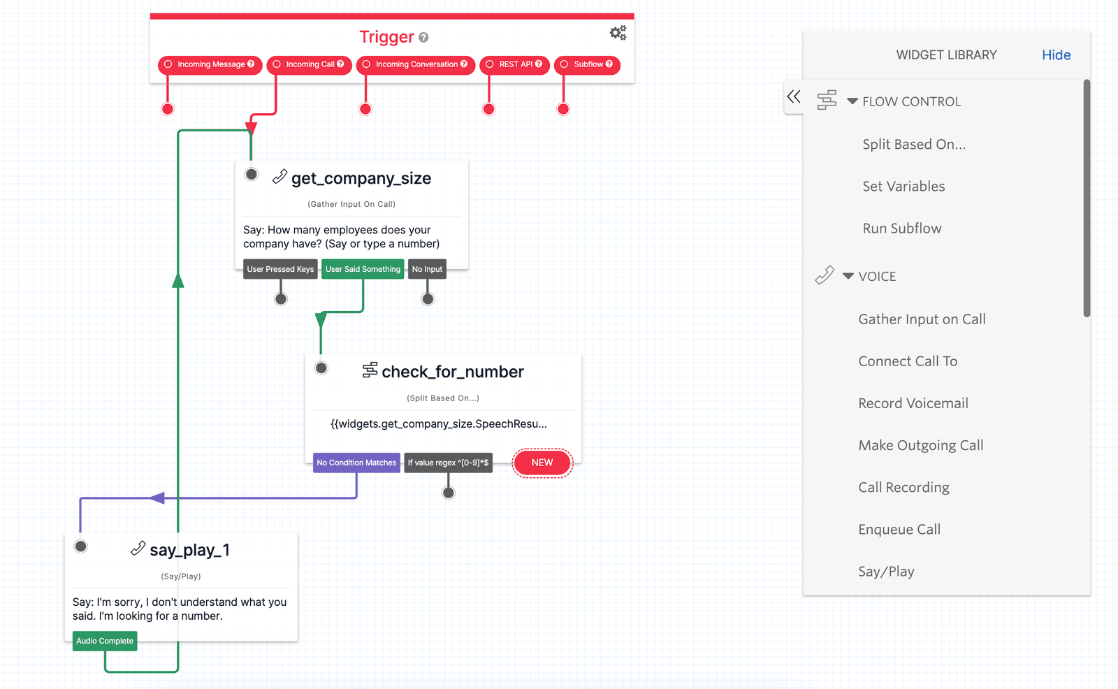 Twilio Studio Tutorial Route Leads Say/Play Widget added to canvas.