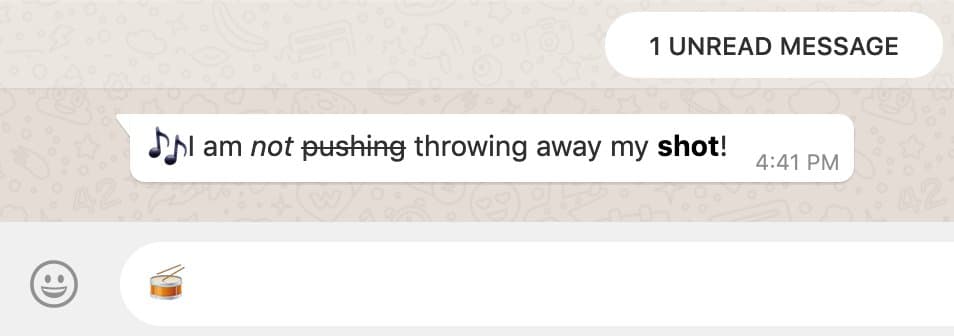 WhatsApp message with music note emoji, text 'I am not pushing throwing away my shot!' showing italics, strikethrough, and bold.