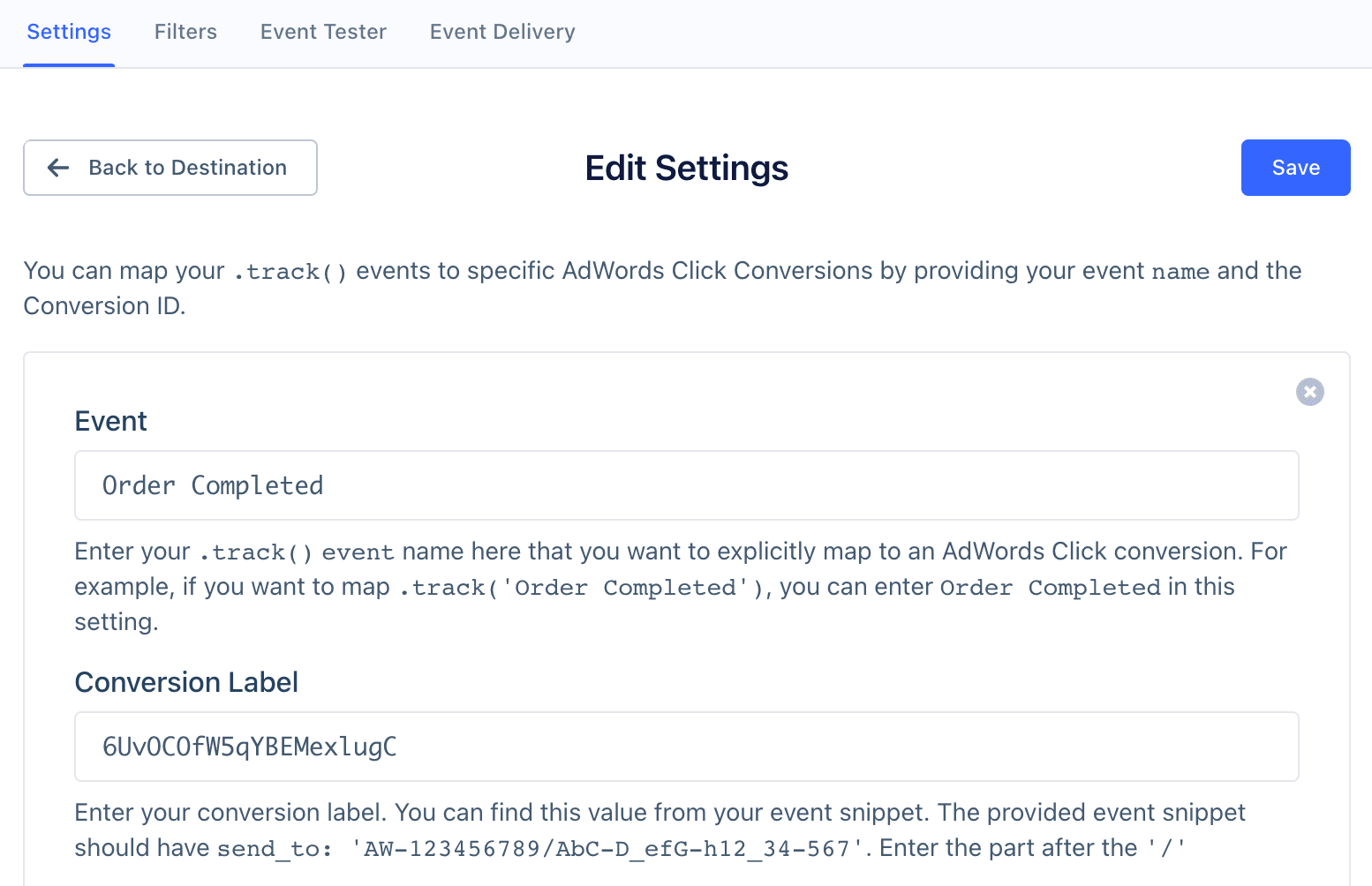 Edit Settings for mapping Track events to AdWords conversions with event name and conversion ID.