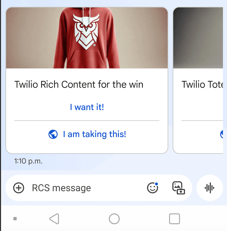 Red hoodie with owl logo, text 'Twilio Rich Content for the win', buttons 'I want it!' and 'I am taking this!'.