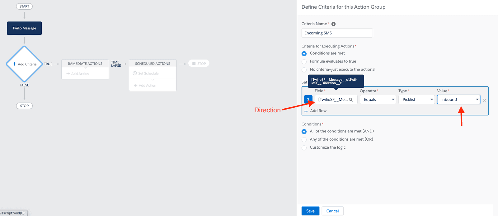 Flowchart for Twilio message criteria with inbound SMS condition.