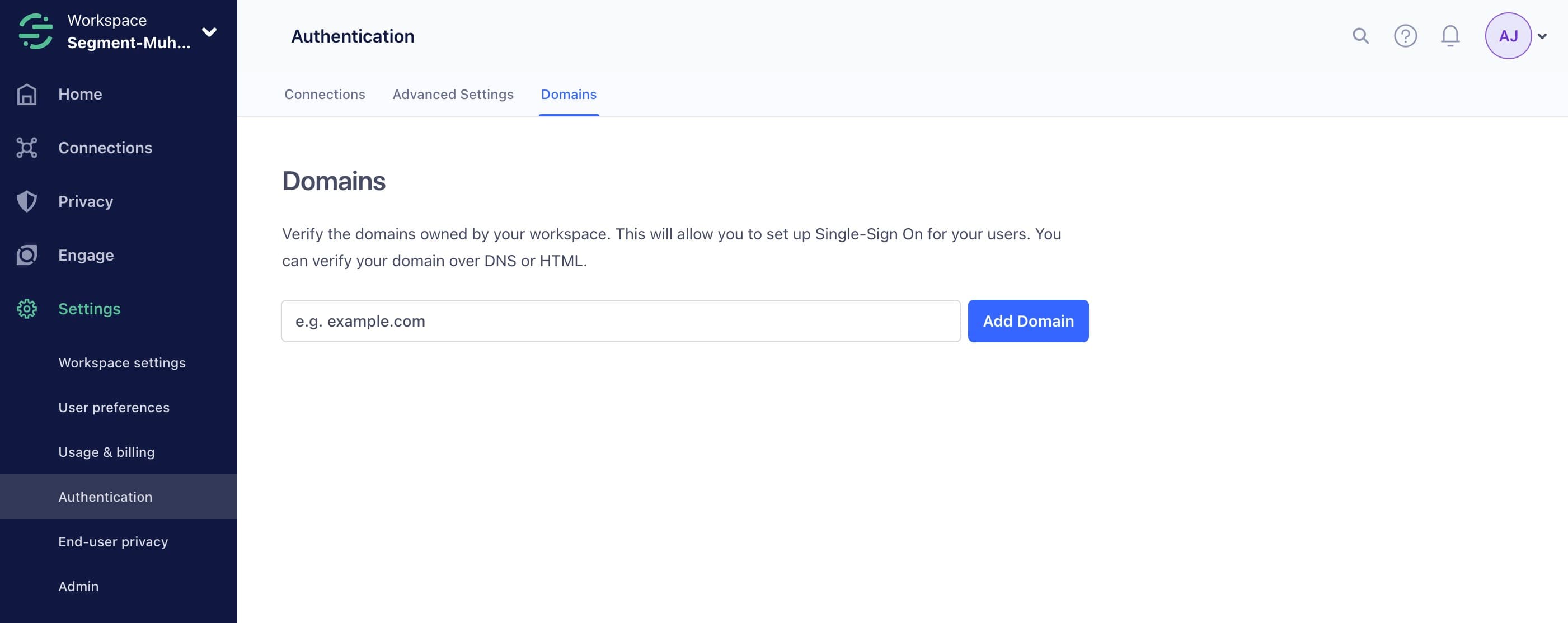 Domains page for verifying workspace domains for SSO setup.