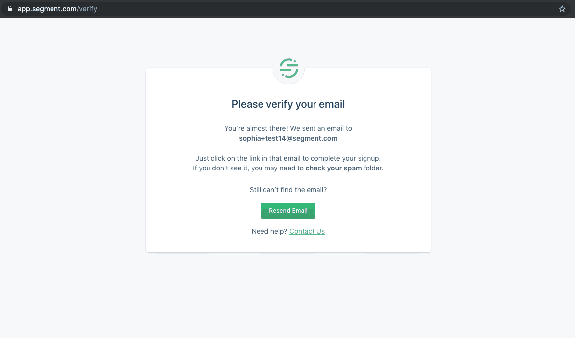 Email verification prompt with resend and contact options.