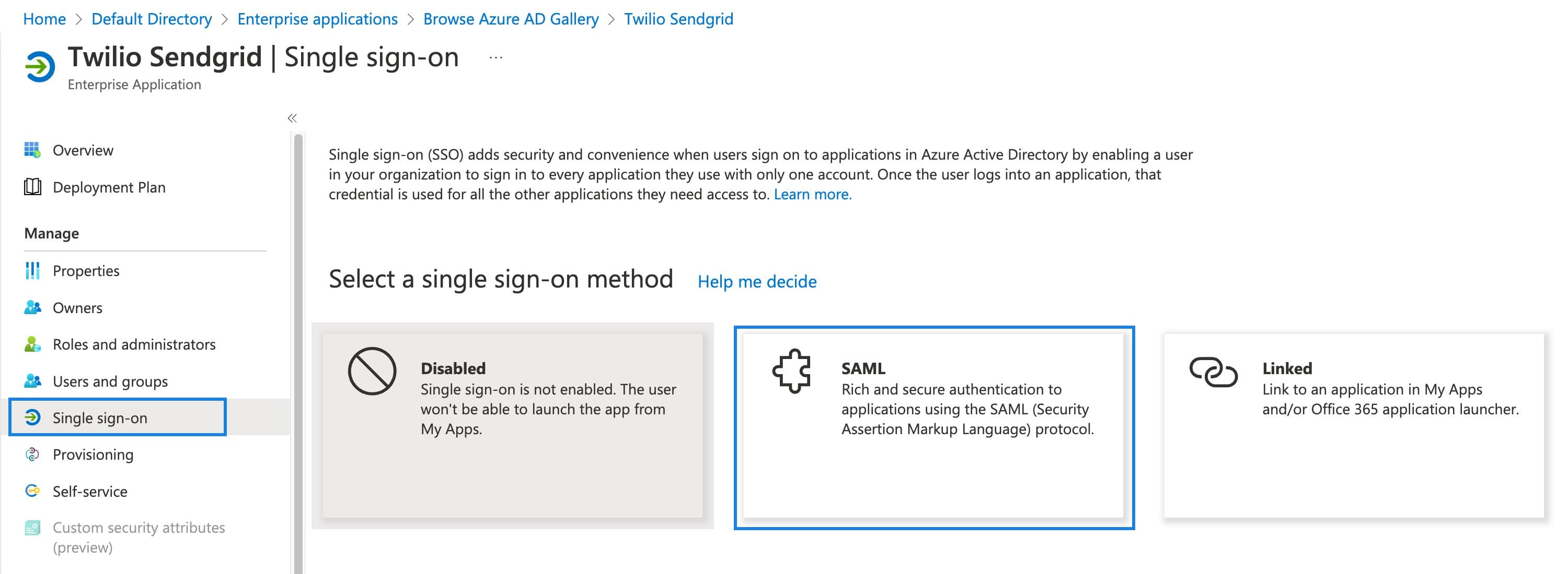 The SAML tile in your app's single sign-on setup panel.