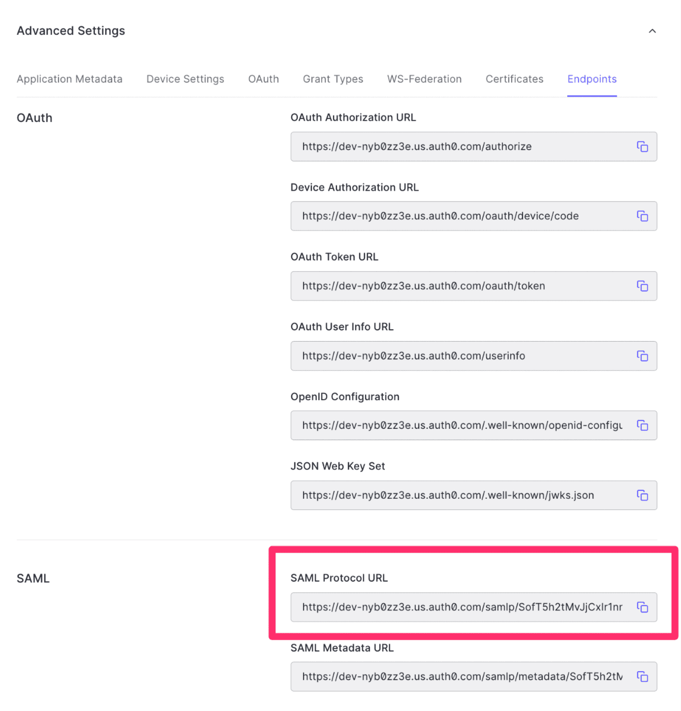 Auth0 endpoints with highlighted SAML Protocol URL.