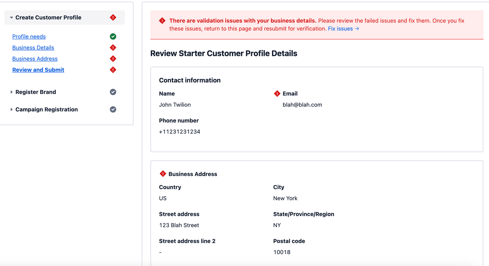 Validation errors in business details and address on customer profile screen.