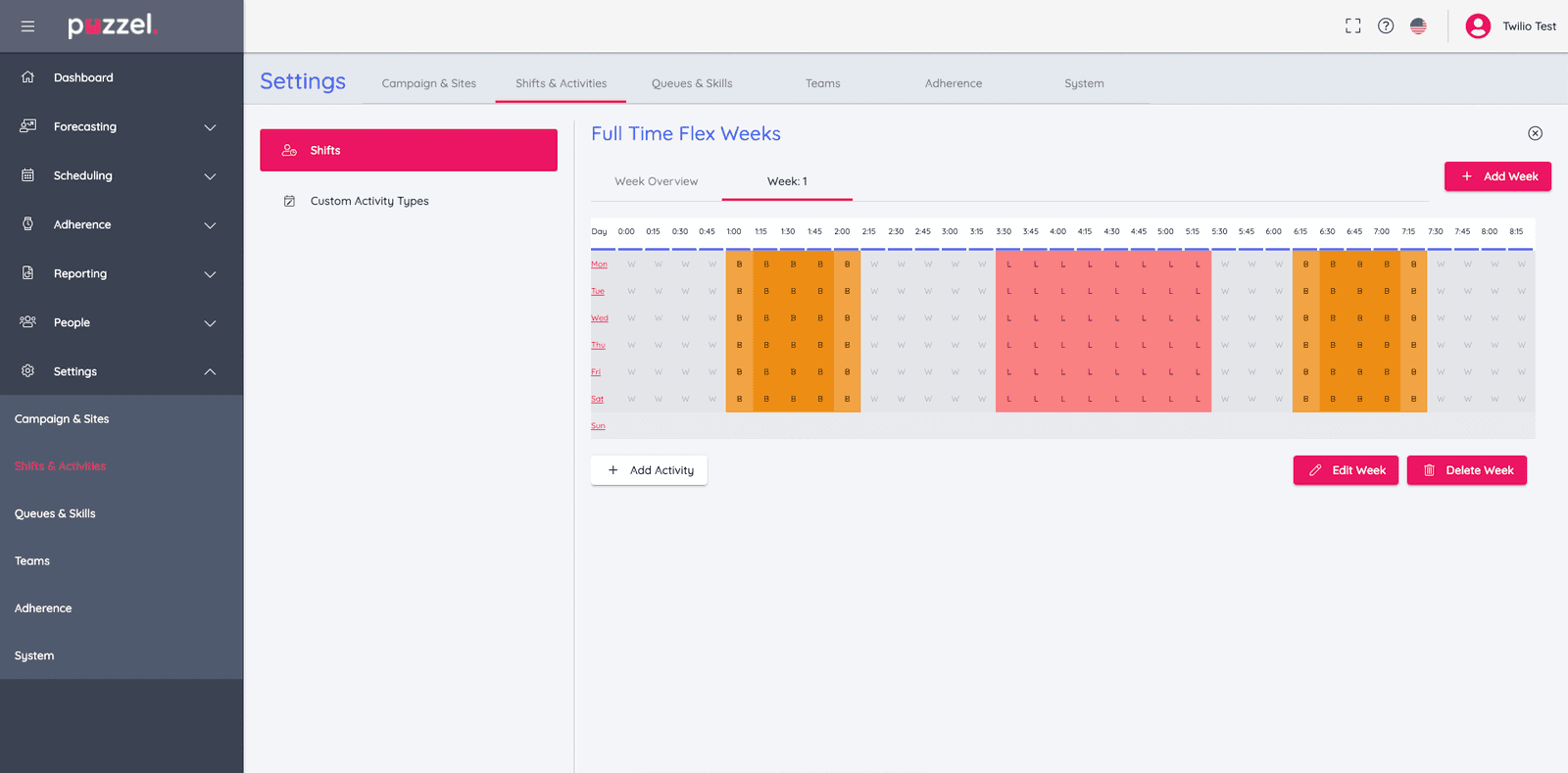 Puzzel WFM interface showing a weekly schedule with shifts and activities.
