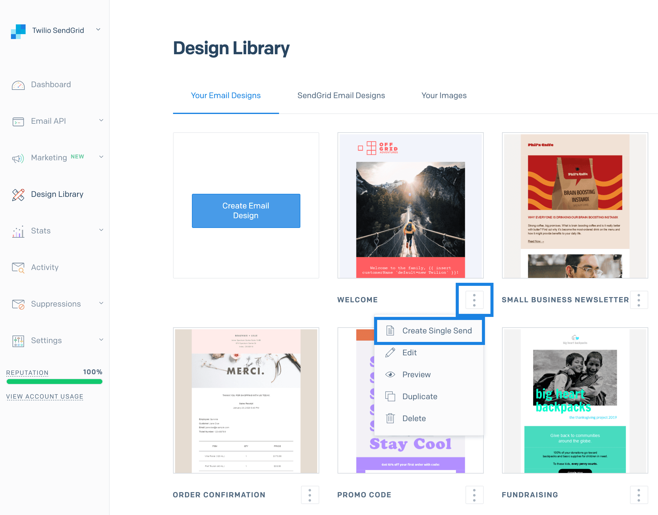 The Create a Single Send menu item button below a design.