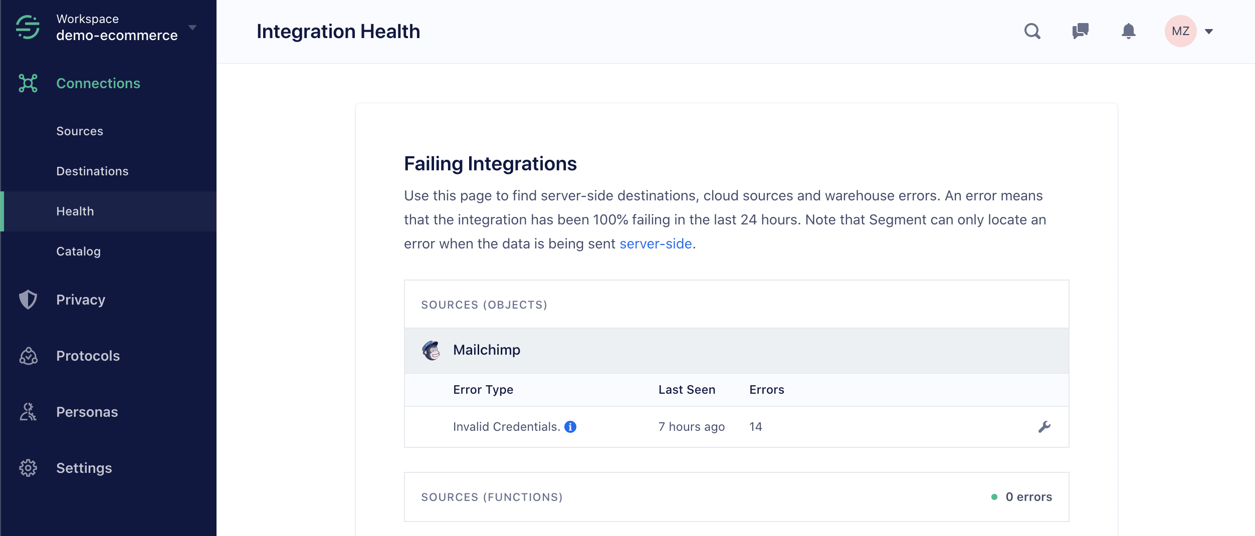 The Integration Health page.
