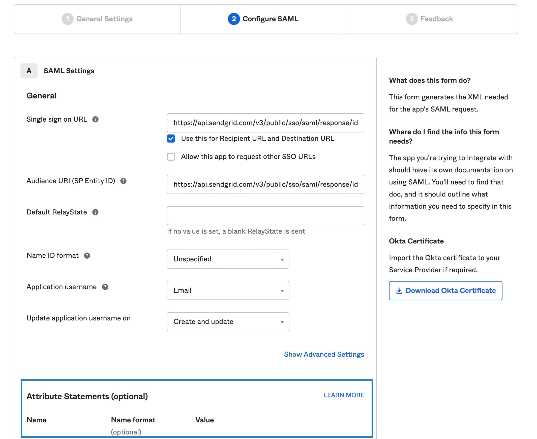 The Okta SAML Settings tab in a manually integrated Twilio SendGrid integration.