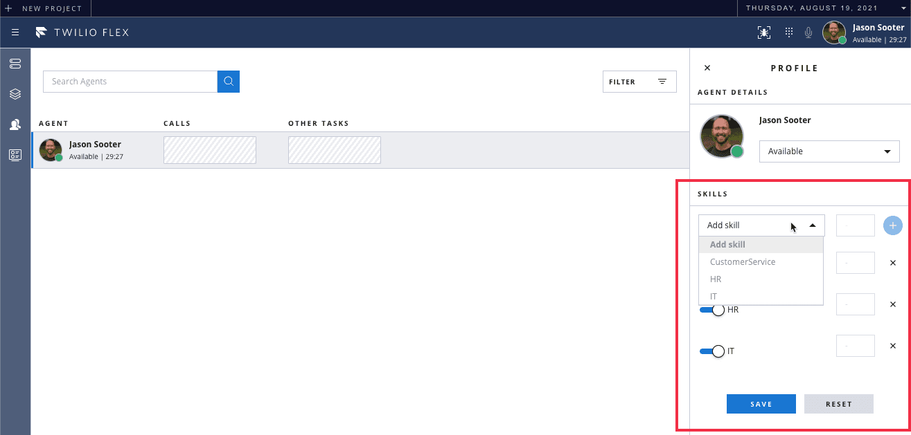 Twilio Flex interface showing agent profile with skills selection options.
