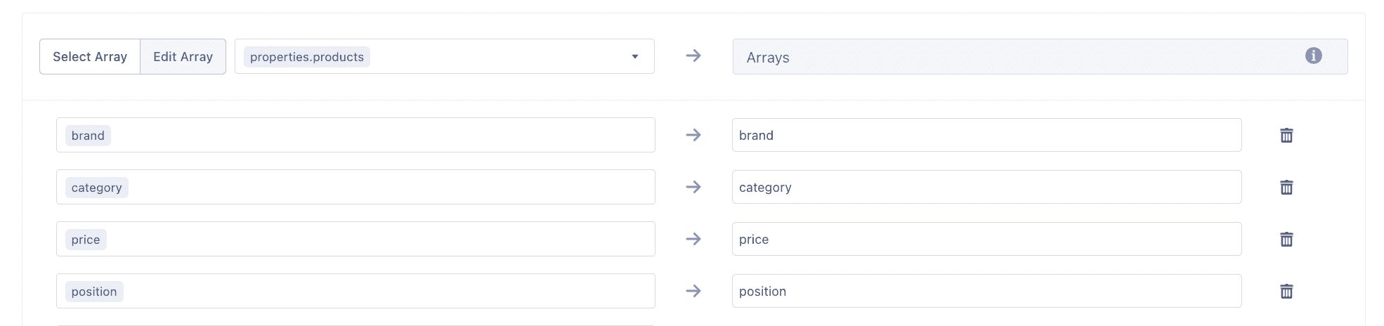 Mapping properties.products to individual attributes: brand, category, price, position in the Segment UI.