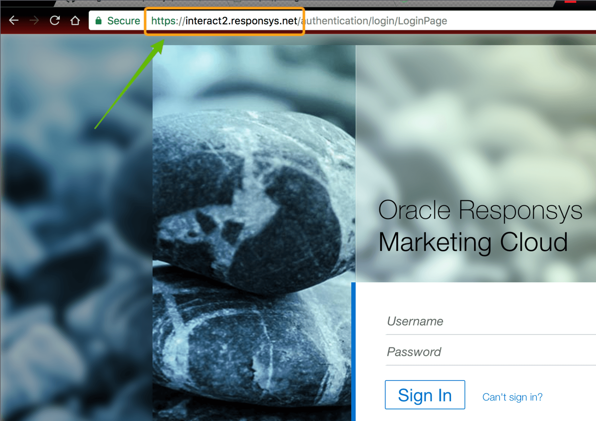 Oracle Responsys Marketing Cloud login page with URL highlighted.