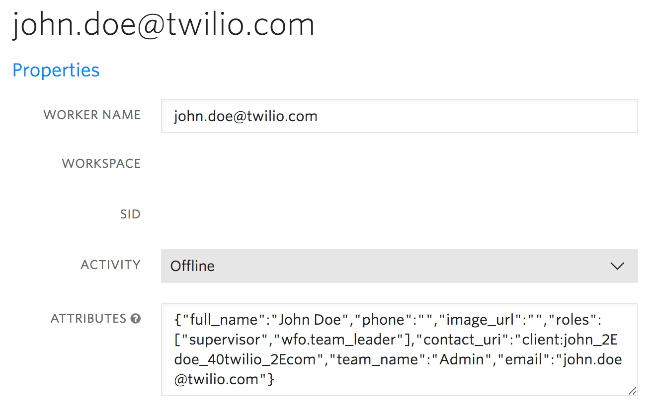 User profile showing email john.doe@twilio.com, activity offline, and roles supervisor, team leader.