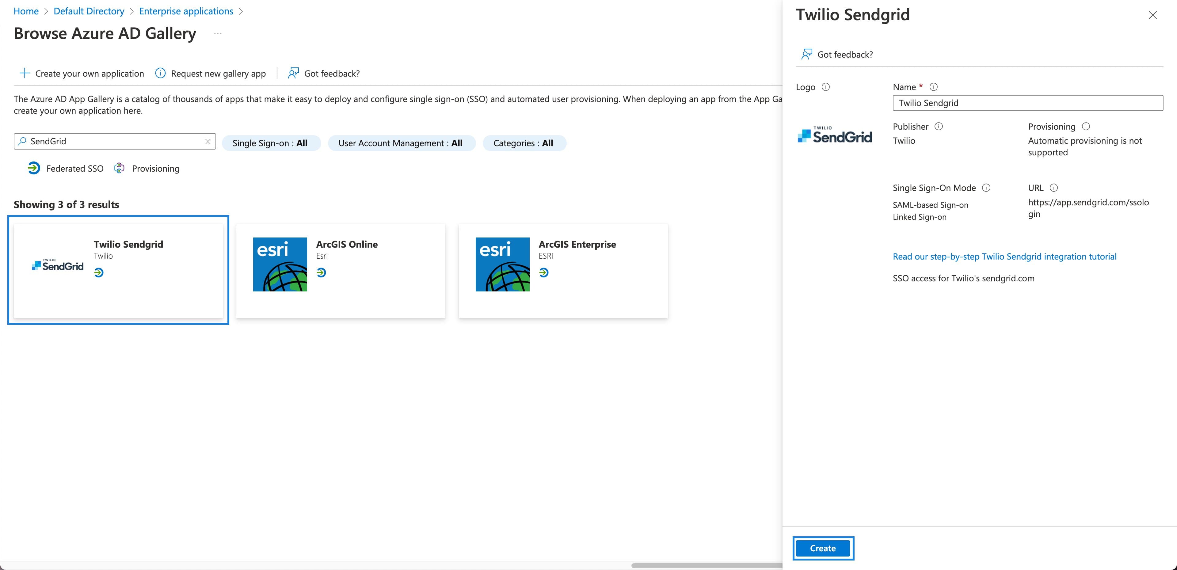 Create the Twilio SendGrid Azure AD application.
