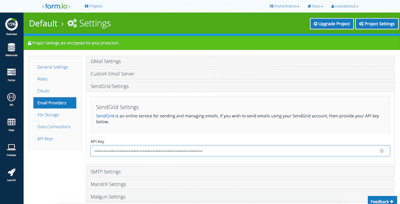 Form.io settings page showing SendGrid API key entry under Email Providers.